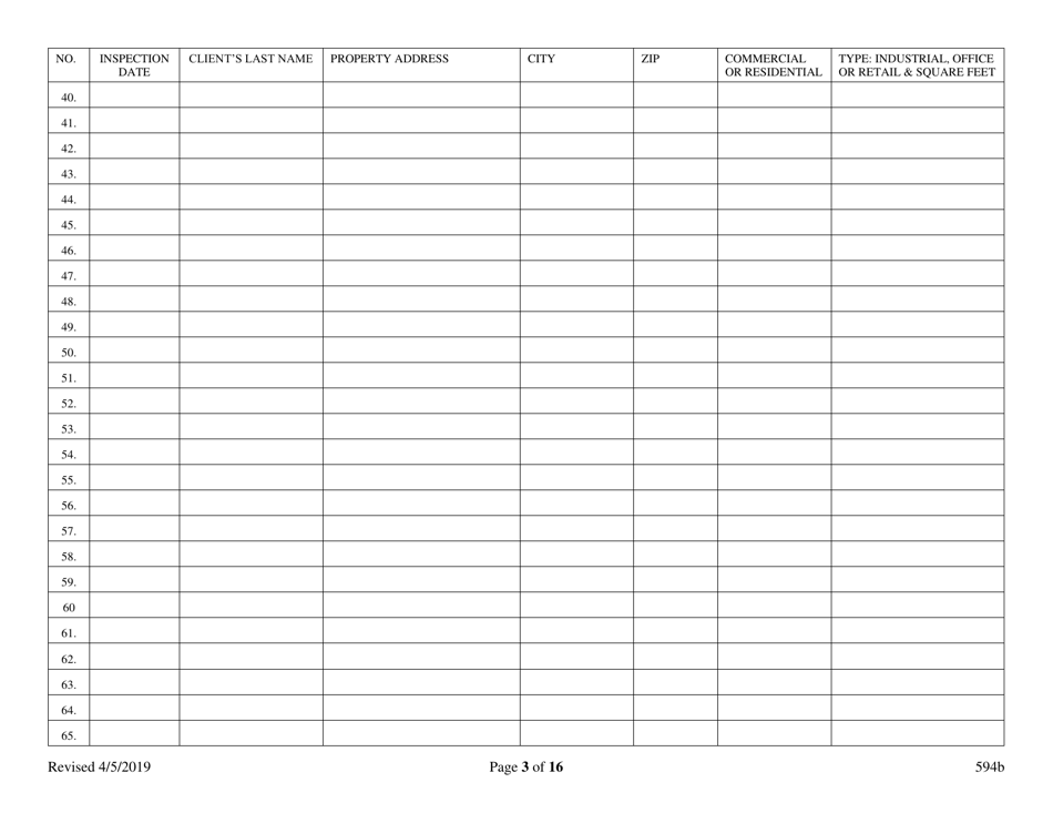 Form 594B Inspector of Structures - Inspection Log for Certified Master - Nevada, Page 3
