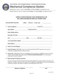 Document preview: Application for Issuance or Renewal of Id Card for Boiler Special Inspector - Nevada