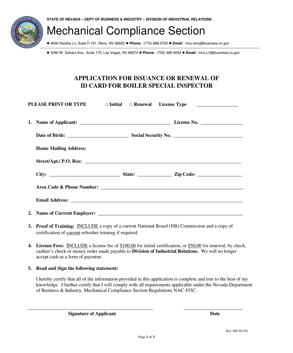 Application for Issuance or Renewal of Id Card for Boiler Special Inspector - Nevada, Page 1