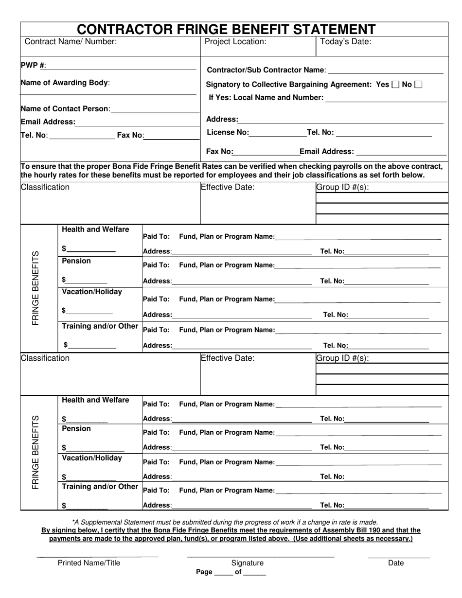 Contractor Fringe Benefit Statement - Nevada, Page 1