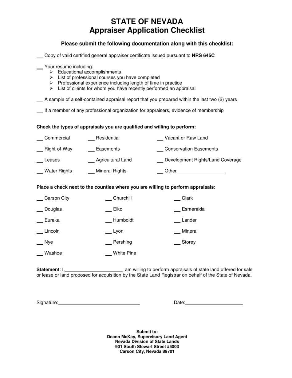Appraiser Application Checklist - Nevada, Page 1