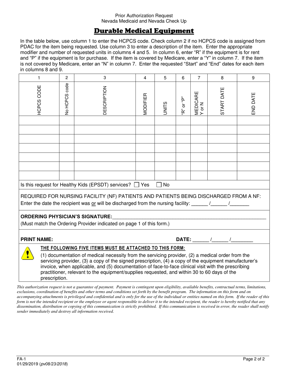 Form FA-1 Durable Medical Equipment Prior Authorization Request - Nevada, Page 2