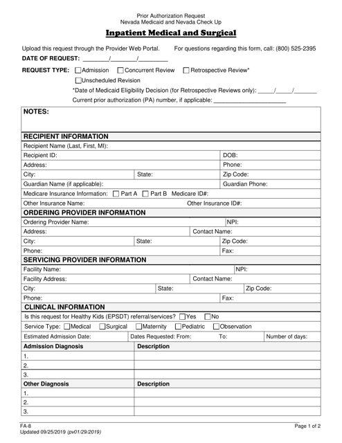 Form FA-8 Inpatient Medical/Surgical Prior Authorization Request - Nevada