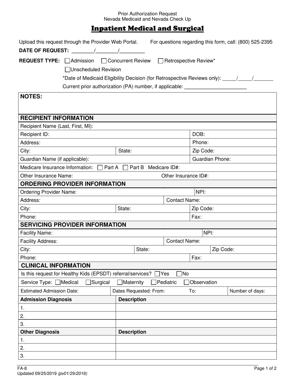 Form FA-8 Inpatient Medical / Surgical Prior Authorization Request - Nevada, Page 1