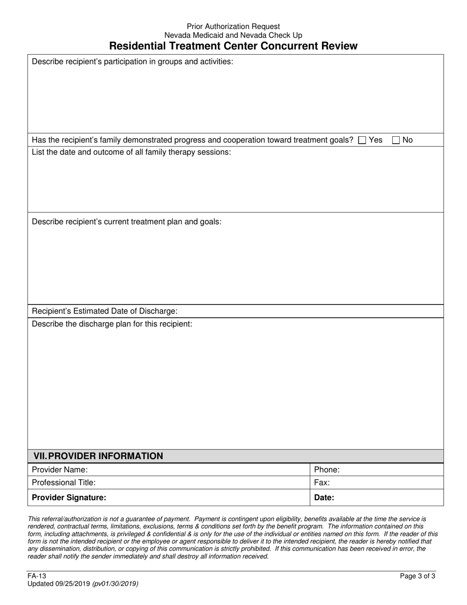 Form FA-13 Residential Treatment Center Concurrent Review - Nevada, Page 3
