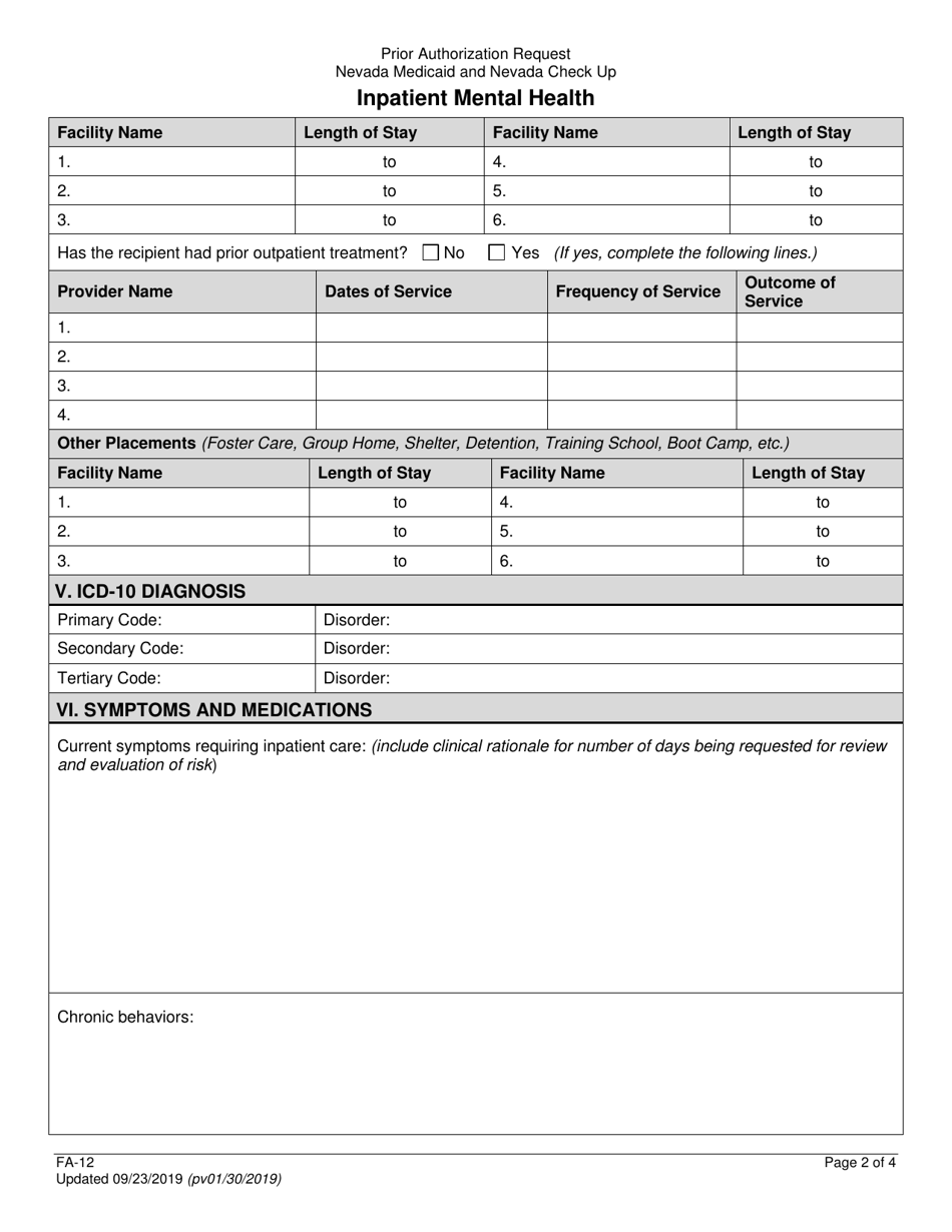Form FA-12 Inpatient Mental Health Prior Authorization - Nevada, Page 2