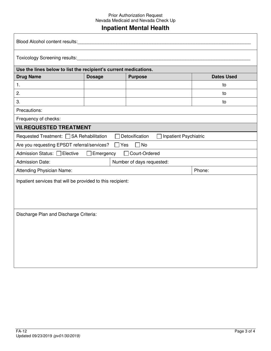 Form FA-12 Inpatient Mental Health Prior Authorization - Nevada, Page 3