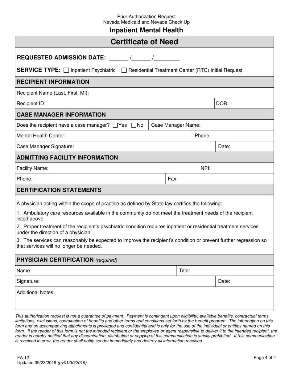 Form FA-12 - Fill Out, Sign Online and Download Fillable PDF, Nevada ...