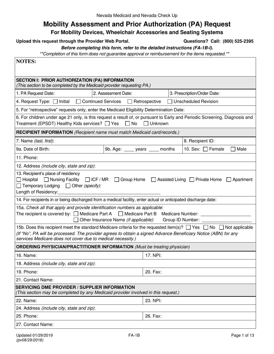 Form FA-1B Mobility Assessment and Prior Authorization (Pa) Request - Nevada, Page 1