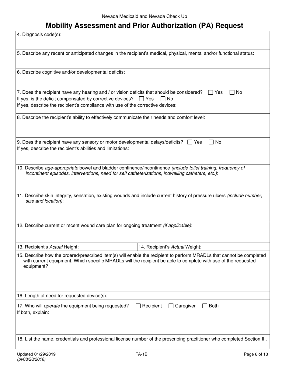 Form FA-1B Mobility Assessment and Prior Authorization (Pa) Request - Nevada, Page 6
