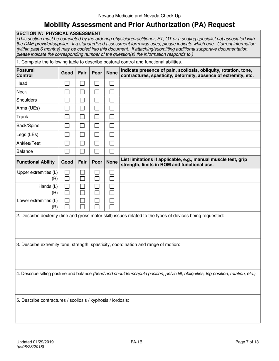 Form FA-1B Mobility Assessment and Prior Authorization (Pa) Request - Nevada, Page 7