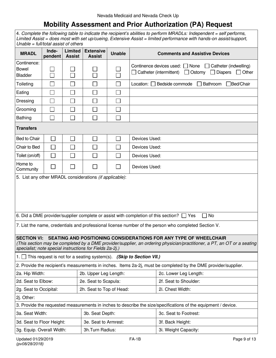 Form FA-1B Mobility Assessment and Prior Authorization (Pa) Request - Nevada, Page 9