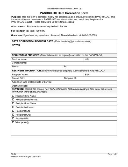 Form FA-21 Pasrr/Loc Data Correction Form - Nevada