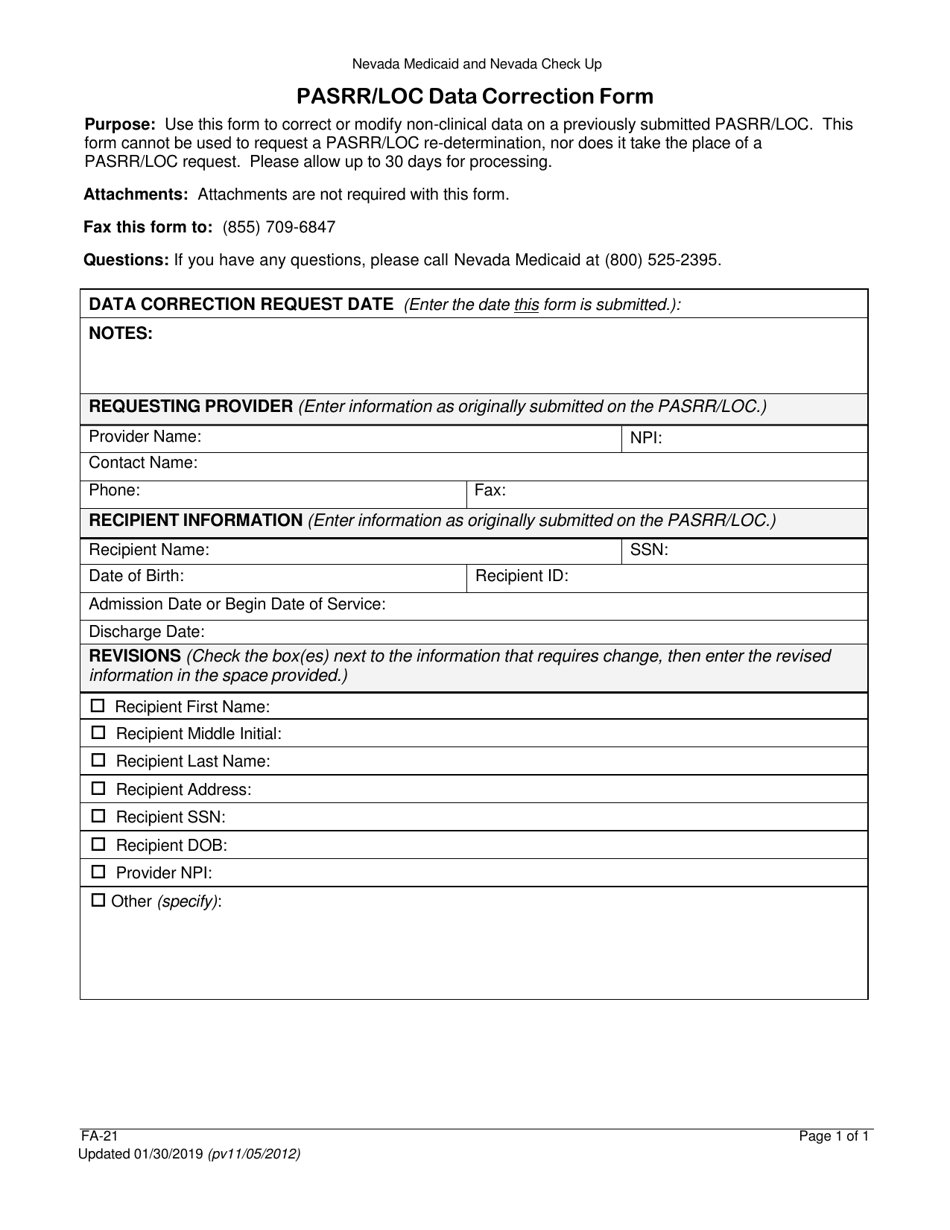 Form FA-21 Pasrr / Loc Data Correction Form - Nevada, Page 1