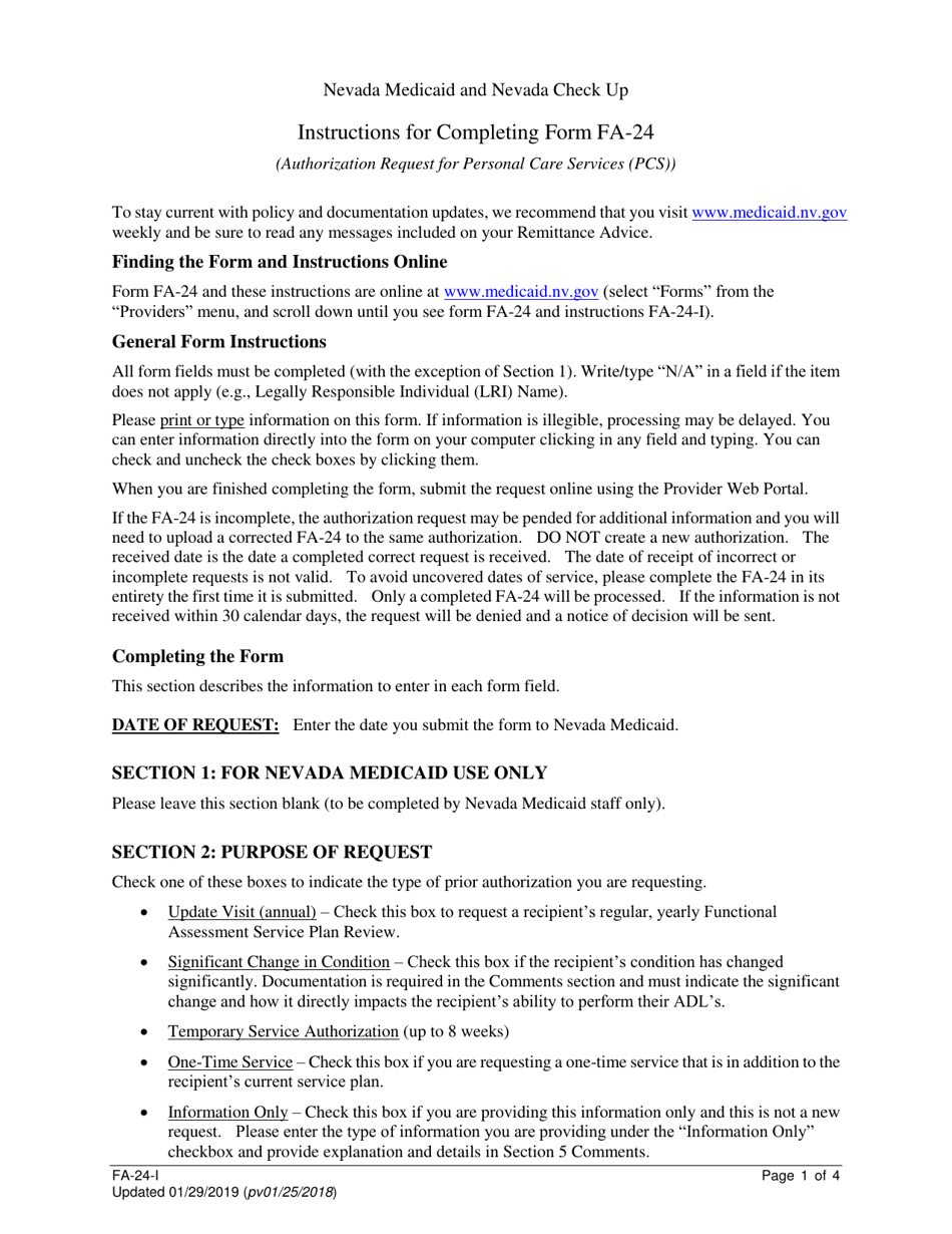 Instructions for Form FA-24 Authorization Request for Personal Care Services (PCS) - Nevada, Page 1
