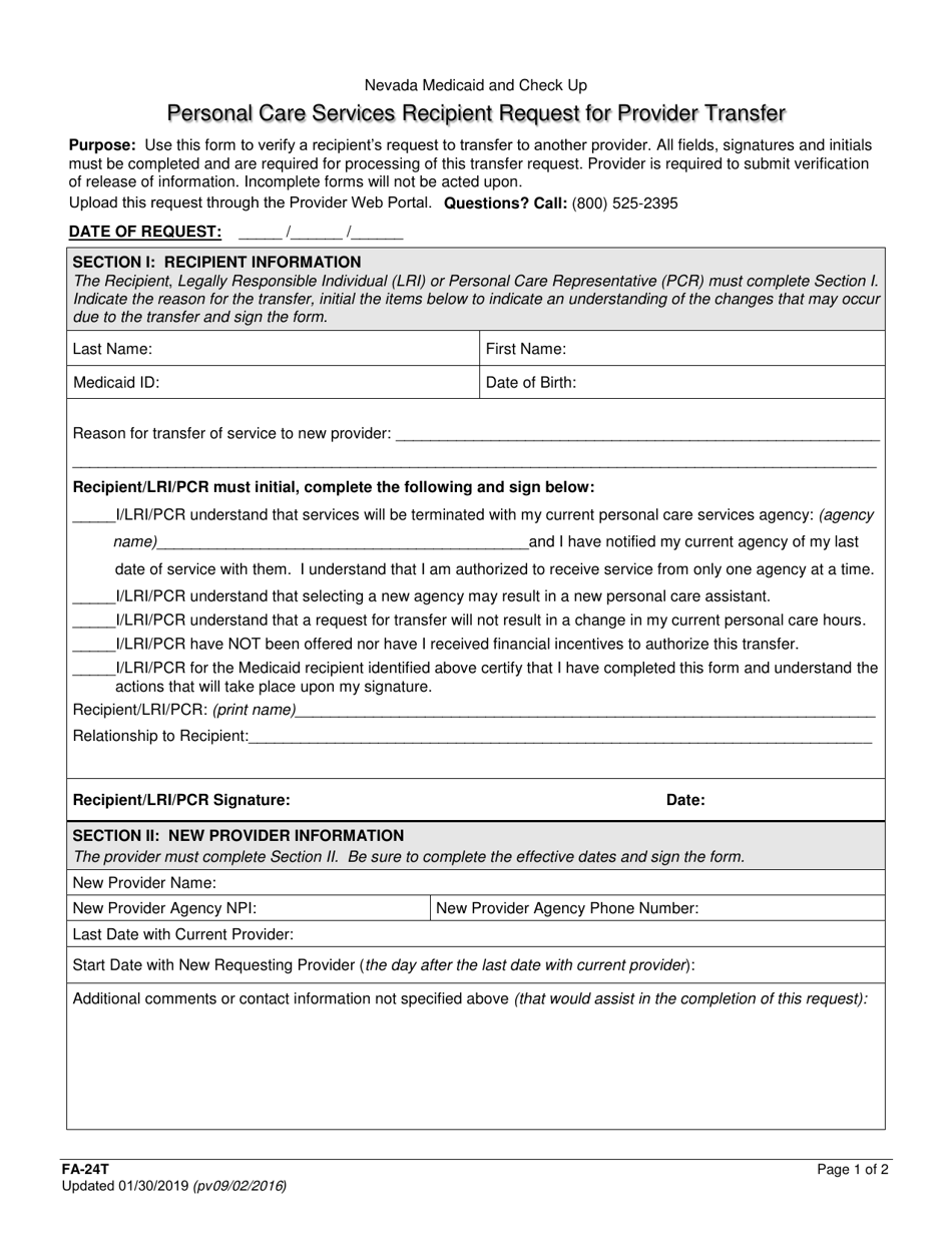 Form FA-24T Personal Care Services Recipient Request for Provider Transfer - Nevada, Page 1