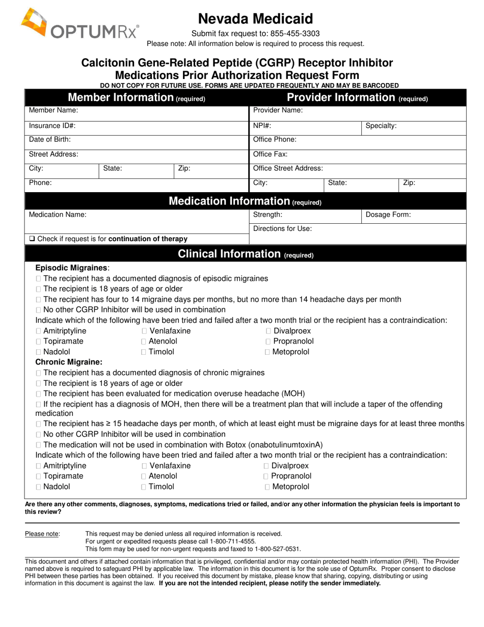 Form FA-151 Calcitonin Gene-Related Peptide (Cgrp) Receptor Inhibitor Medications Prior Authorization Request Form - Nevada, Page 1