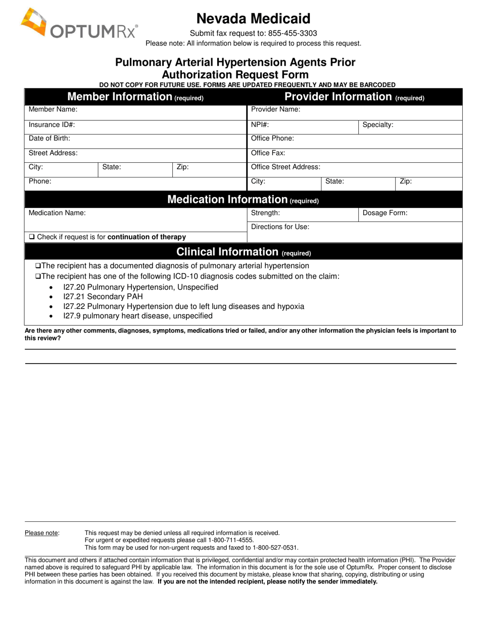 Form FA-154 Pulmonary Arterial Hypertension Agents Prior Authorization Request Form - Nevada, Page 1