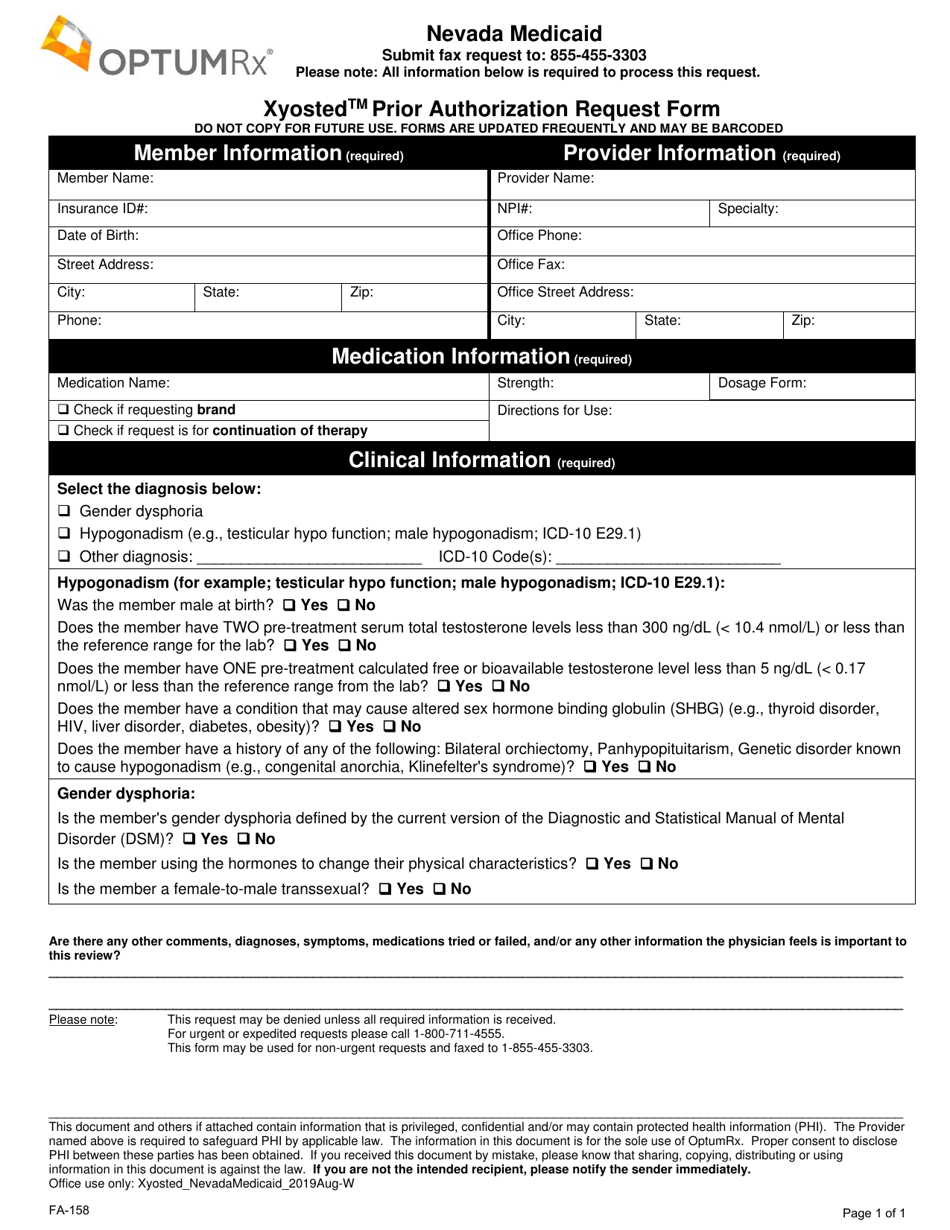 Form FA-158 Xyosted Prior Authorization Request Form - Nevada, Page 1