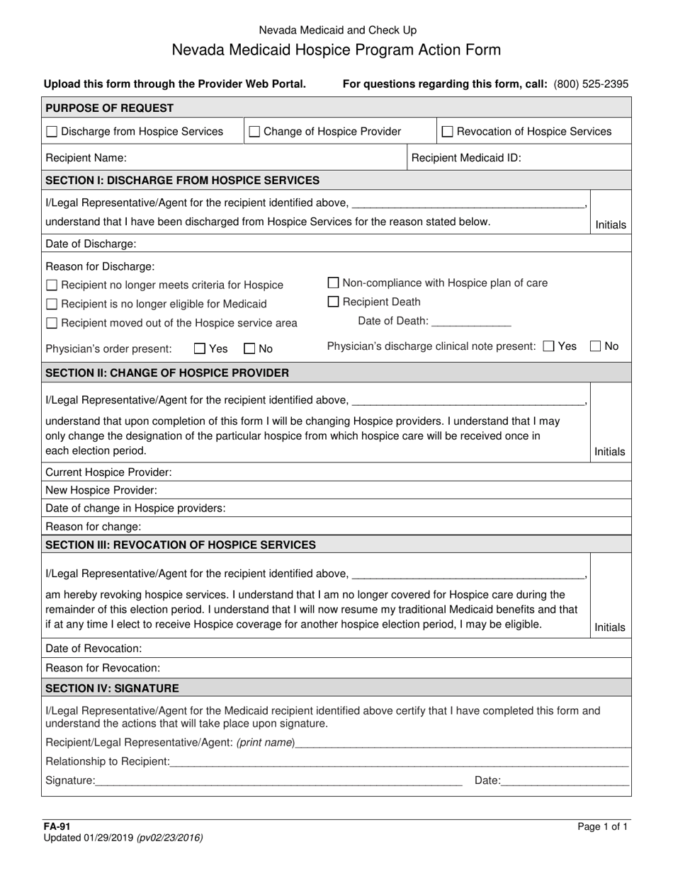Form FA-91 Nevada Medicaid Hospice Program Action Form - Nevada, Page 1