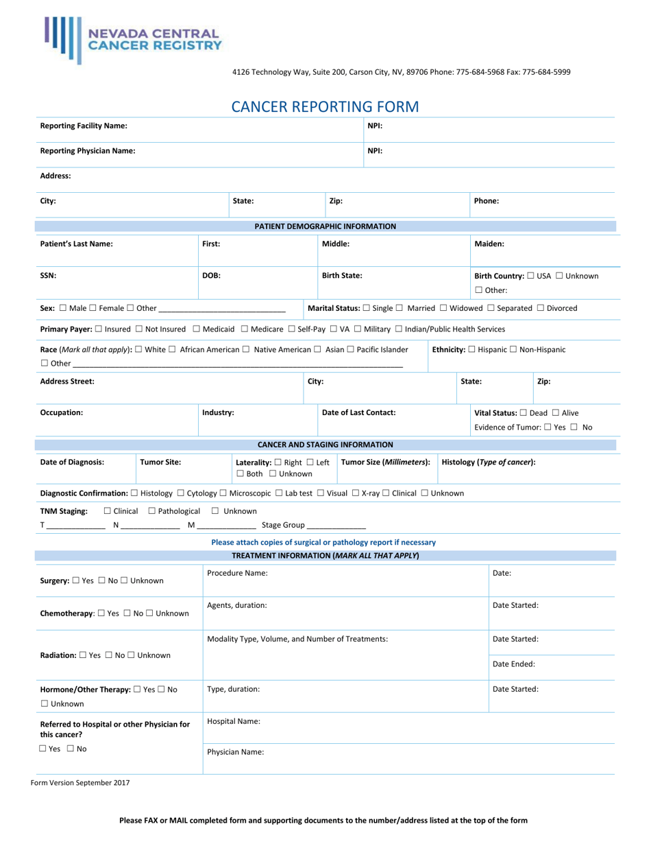Cancer Incidence Reporting Form - Nevada, Page 1