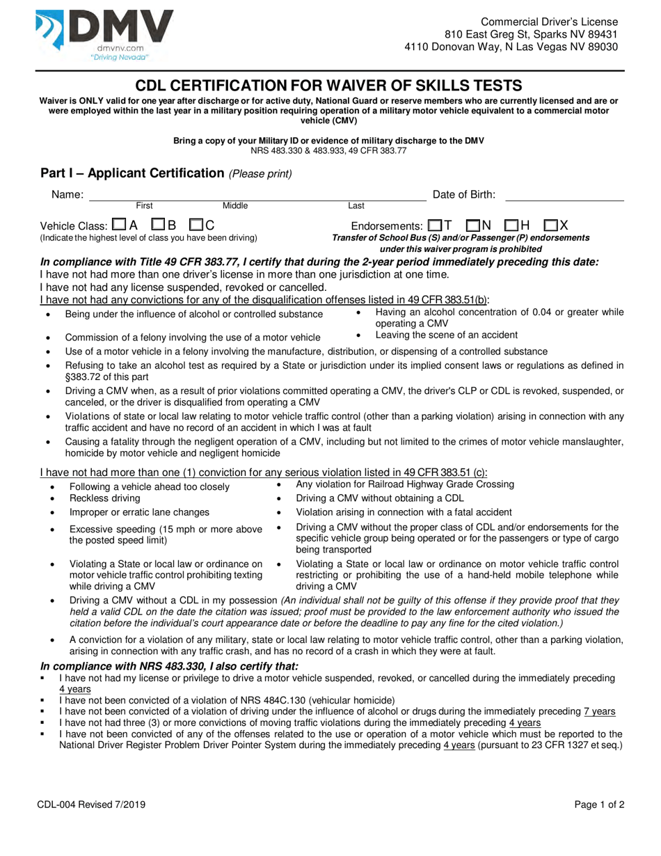 Form CDL-004 Cdl Certification for Waiver of Skills Tests - Nevada, Page 1