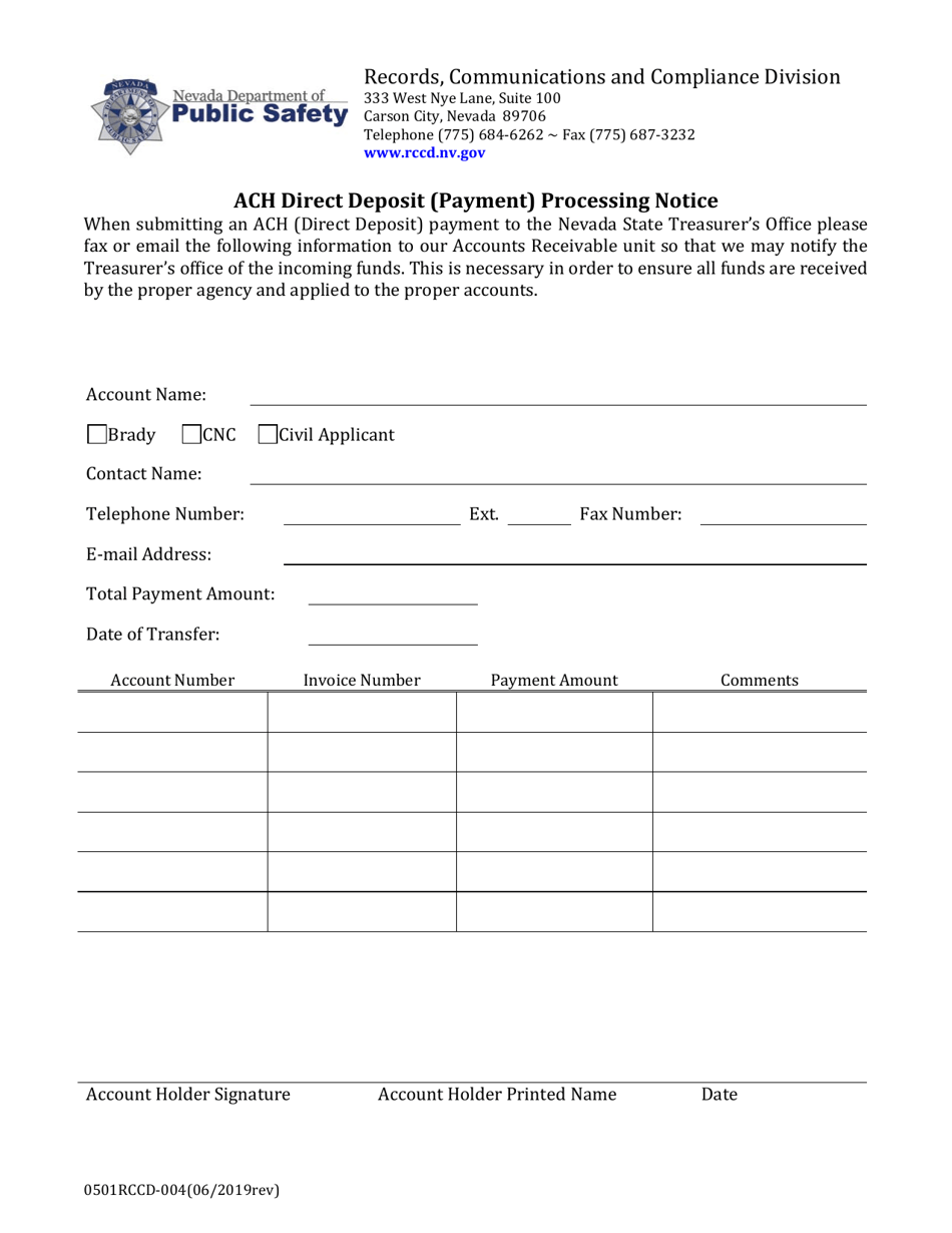 form 0501rccd 004 download printable pdf or fill online ach direct deposit payment form nevada templateroller