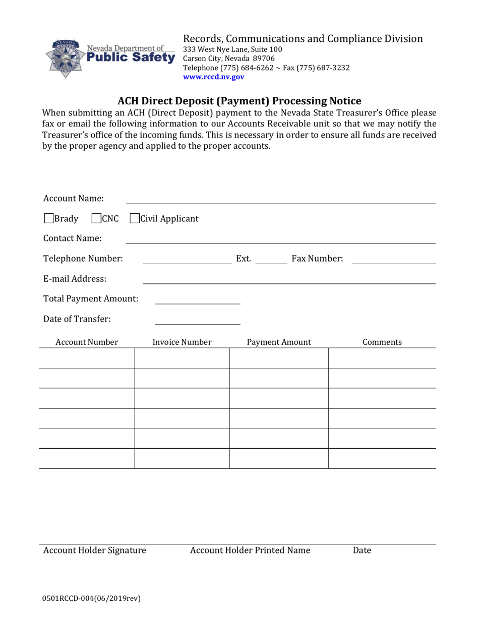 Form 0501RCCD-004 ACH (Direct Deposit) Payment Form - Nevada, Page 1