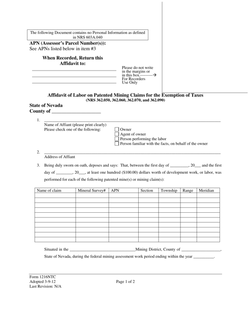 Form 1216NTC  Printable Pdf