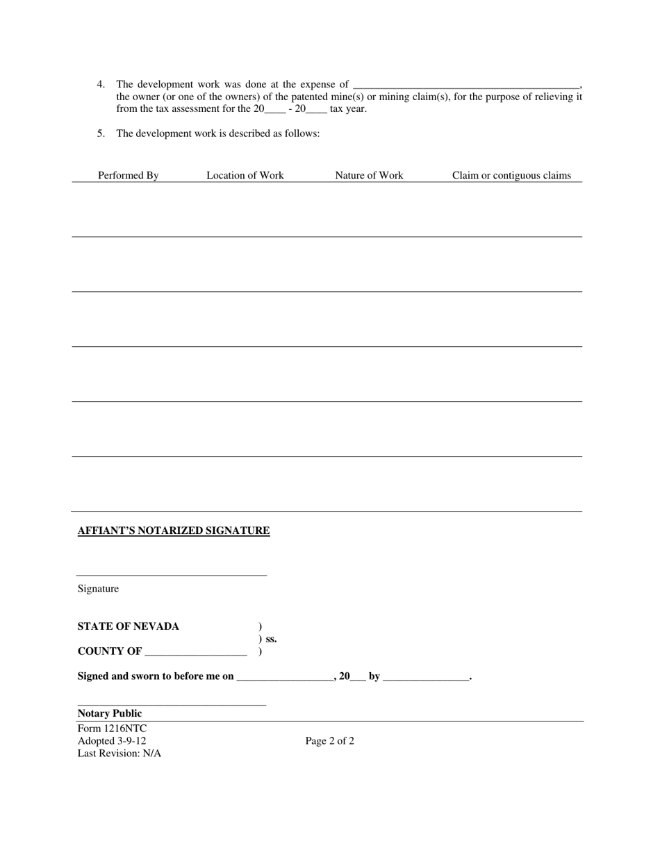 Form 1216NTC Affidavit of Labor on Patented Mining Claims for the Exemption of Taxes - Nevada, Page 2
