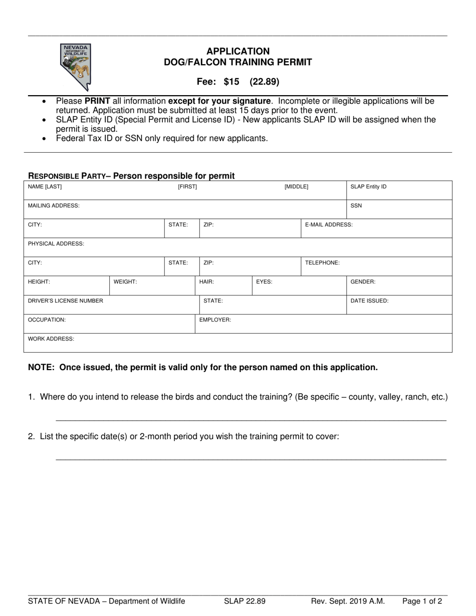 Form SLAP22.89 Application for Dog/Falcon Training Permit - Nevada, Page 1