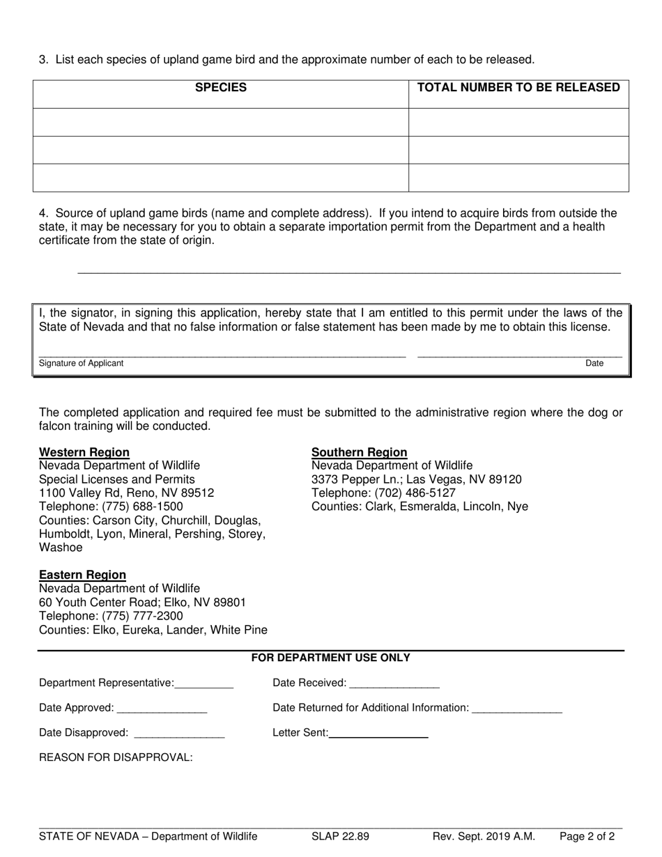 Form SLAP22.89 Application for Dog / Falcon Training Permit - Nevada, Page 2