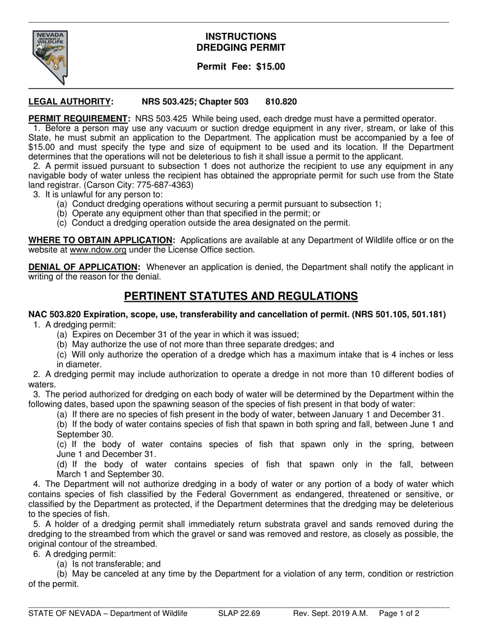 Instructions for Form SLAP22.69 Application for Dredging Permit - Nevada, Page 1