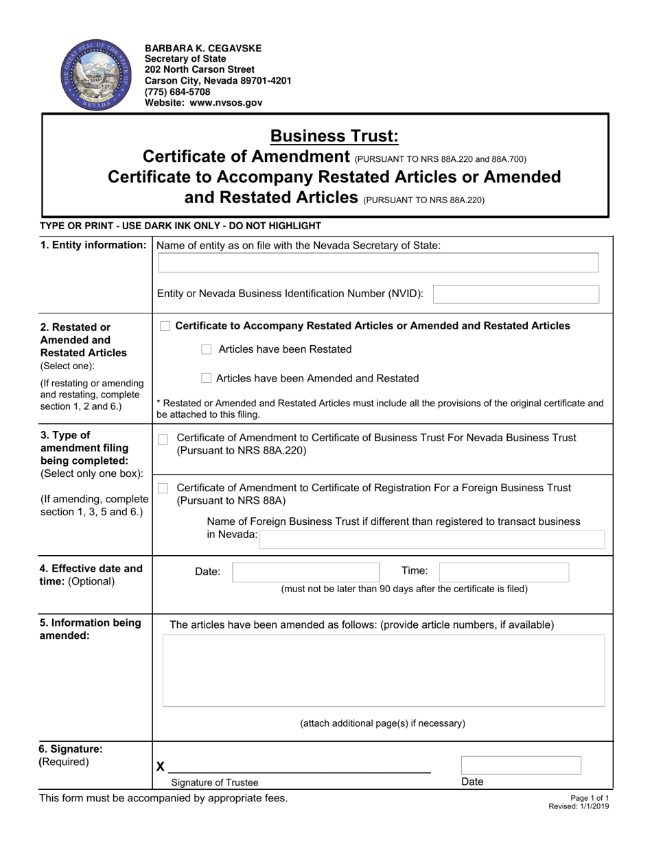 Business Trust Certificate of Amendment, Accompany Restated Articles or Amended and Restated Articles - Nevada, Page 1