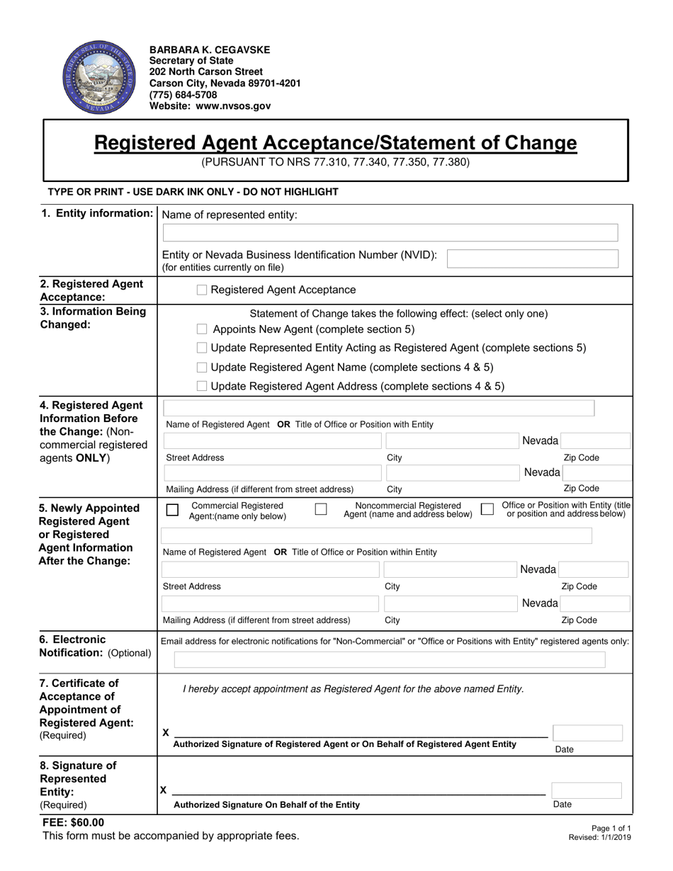 Registered Agent Acceptance / Statement of Change - Nevada, Page 1
