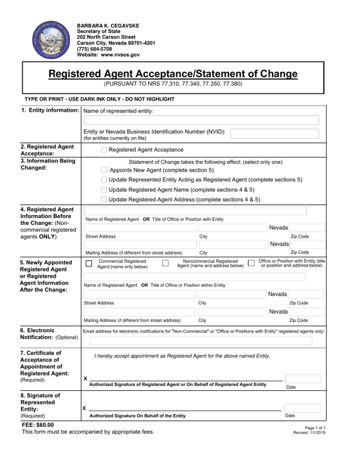 Registered Agent Acceptance / Statement of Change - Nevada Download Pdf