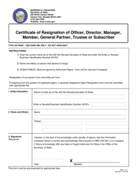 Document preview: Certificate of Resignation of Officer, Director, Manager, Member, General Partner, Trustee or Subscriber - Nevada
