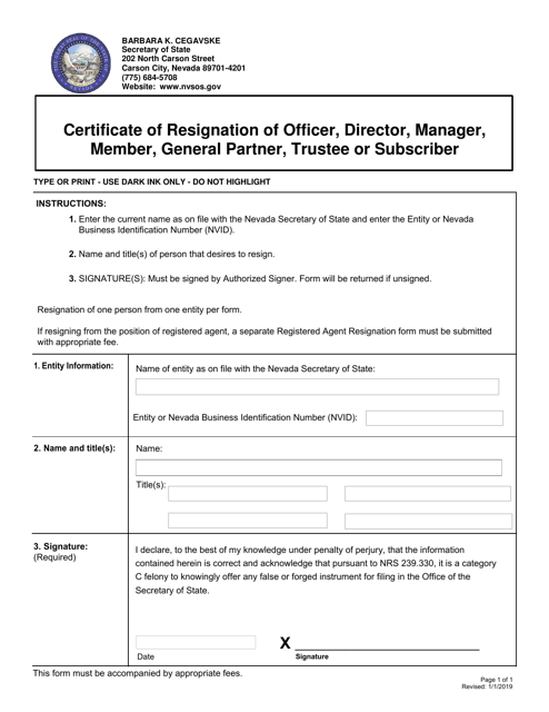 Certificate of Resignation of Officer, Director, Manager, Member, General Partner, Trustee or Subscriber - Nevada Download Pdf