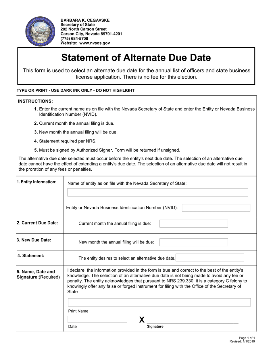 Statement of Alternate Due Date - Nevada, Page 1