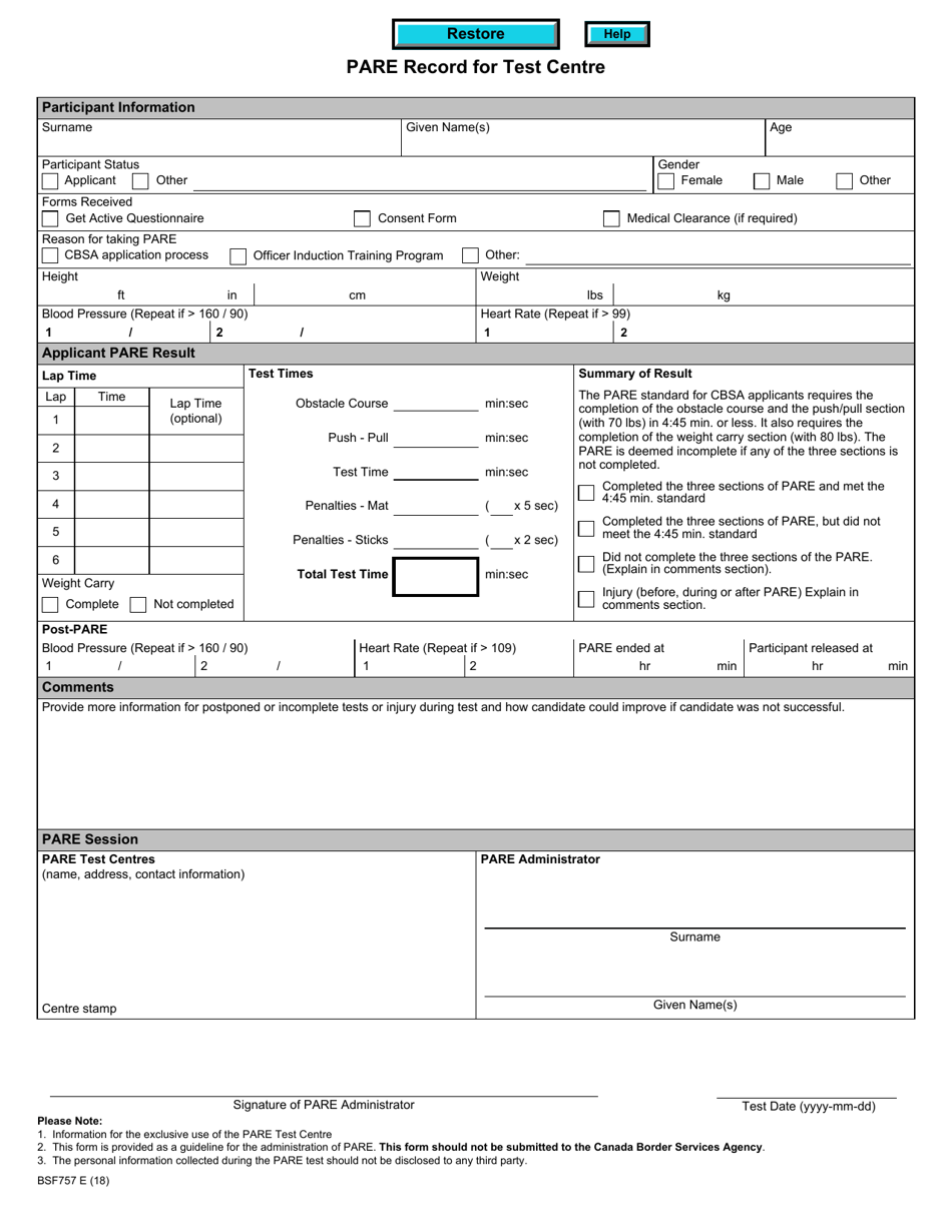 Form BSF757 Pare Record for Test Centre - Canada, Page 1