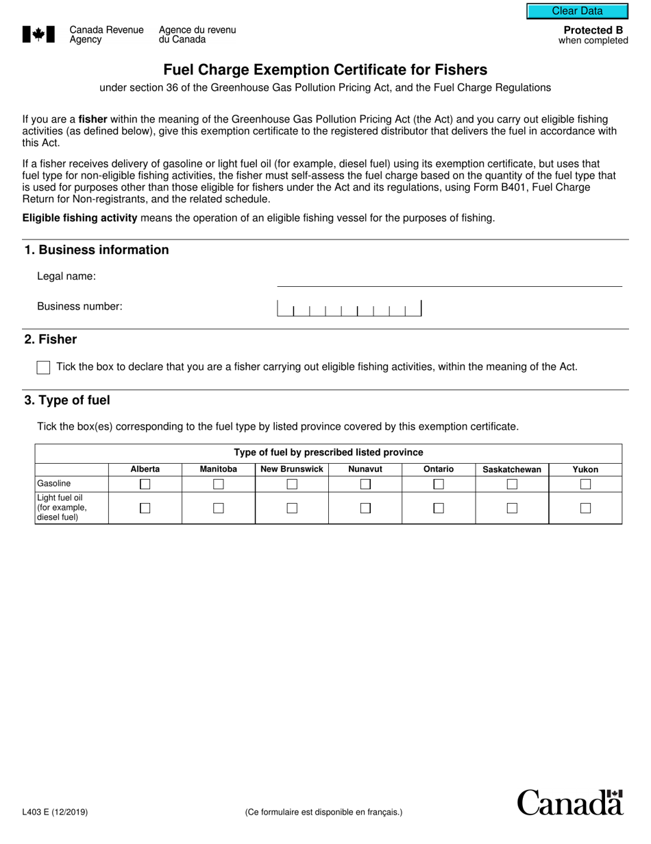 Form L403 Fuel Charge Exemption Certificate for Fishers Under Section 36 of the Greenhouse Gas Pollution Pricing Act, and the Fuel Charge Regulations - Canada, Page 1