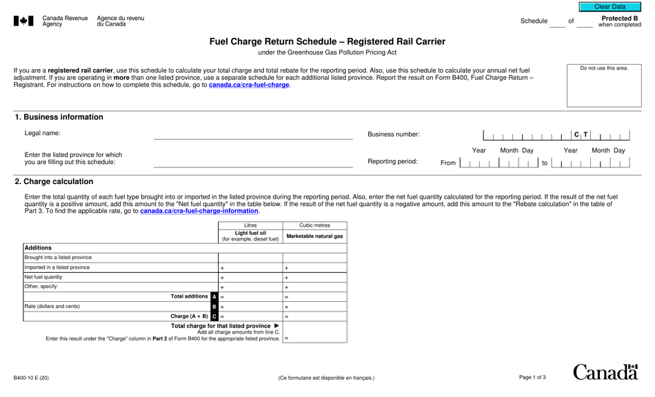 Form B400-10 Fuel Charge Return Schedule - Registered Rail Carrier - Canada, Page 1