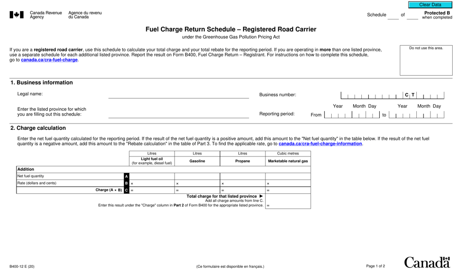 Form B400-12 Fuel Charge Return Schedule - Registered Road Carrier - Canada, Page 1