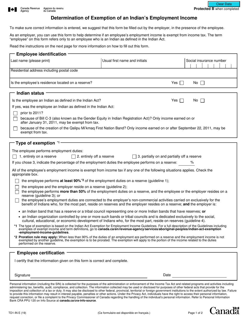 Form TD1IN Fill Out, Sign Online and Download Fillable PDF, Canada