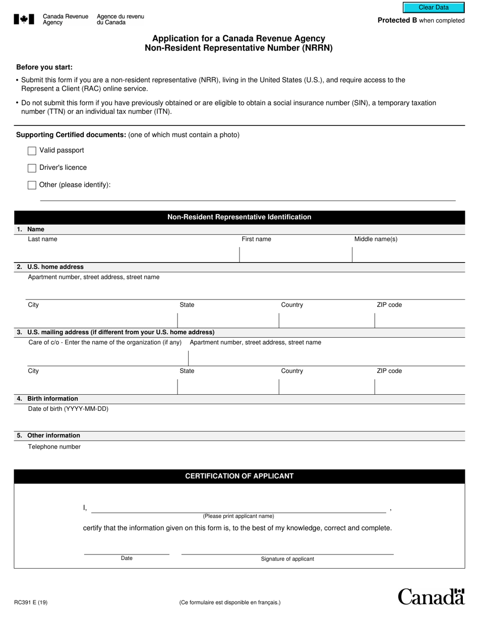 Form RC391 Application for a Canada Revenue Agency Non-resident Representative Number (Nrrn) - Canada, Page 1