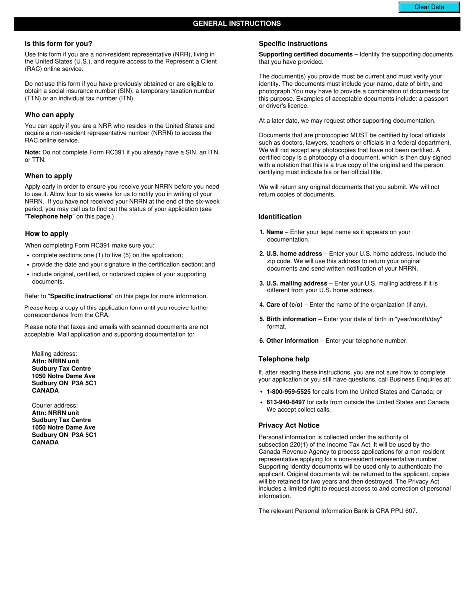 Form RC391 Application for a Canada Revenue Agency Non-resident Representative Number (Nrrn) - Canada, Page 2