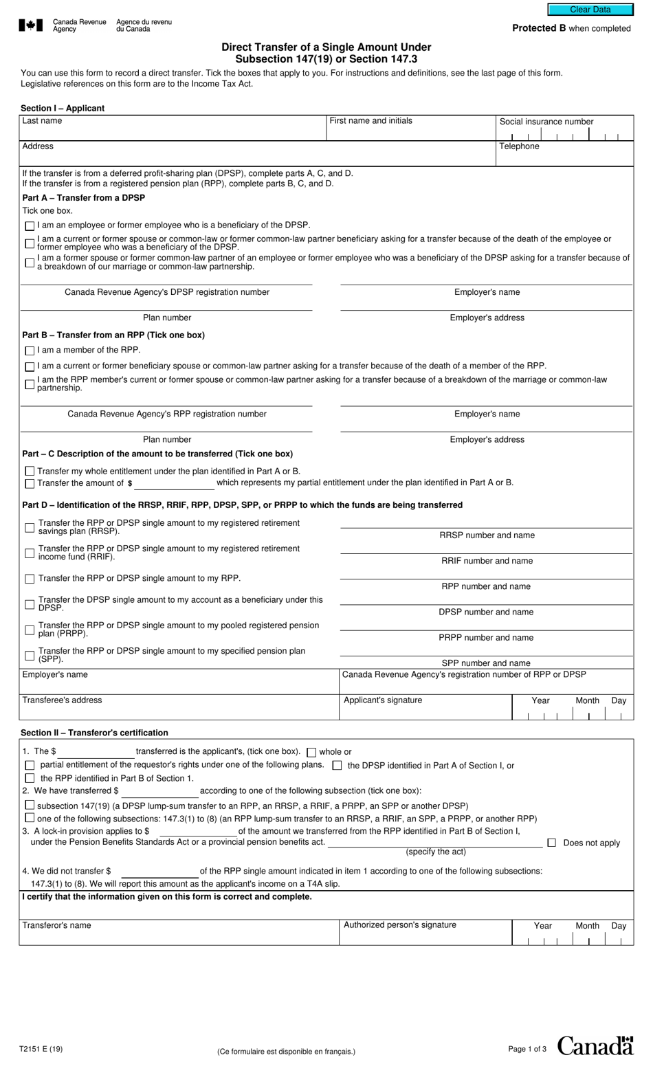 Form T2151 - Fill Out, Sign Online and Download Fillable PDF, Canada ...