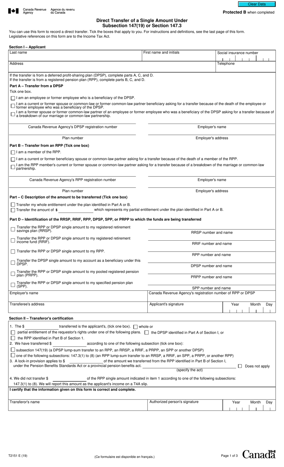 Form T2151 Direct Transfer of a Single Amount Under Subsection 147(19) or Section 147.3 - Canada, Page 1