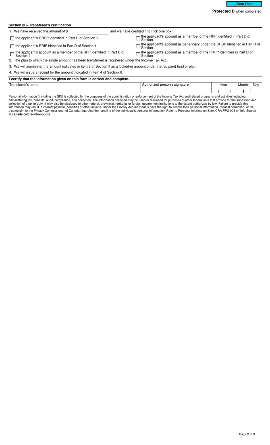 Form T2151 Direct Transfer of a Single Amount Under Subsection 147(19) or Section 147.3 - Canada, Page 2