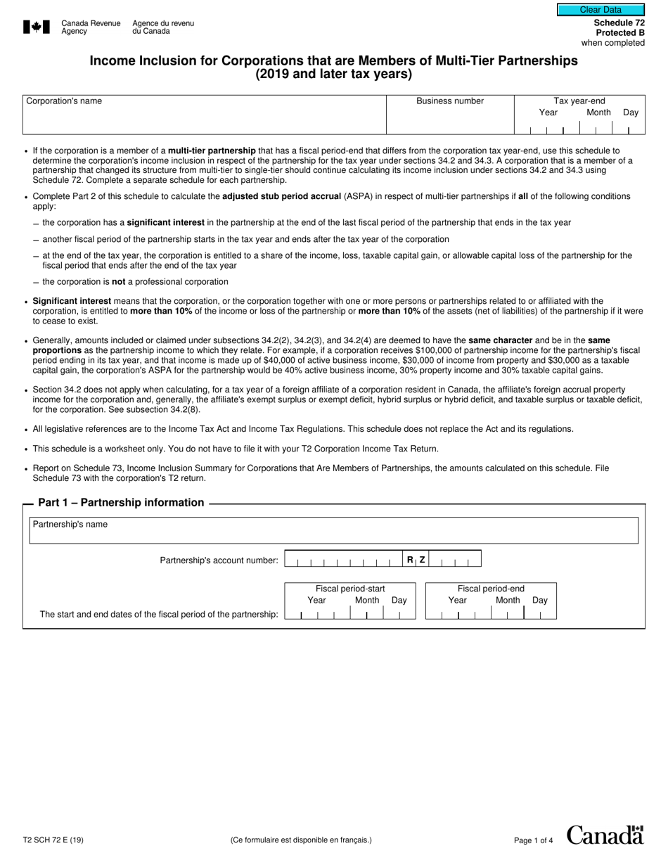 Form T2 Schedule 72 Income Inclusion for Corporations That Are Members of Multi-Tier Partnerships (2019 and Later Tax Years) - Canada, Page 1